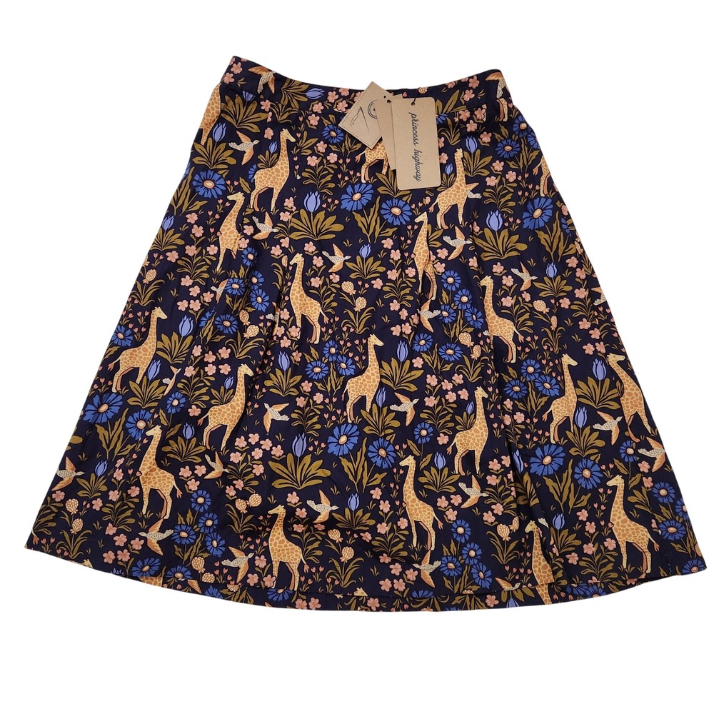 Princess Highway Navy Giraffe Floral Cotton A-Line Skirt Size 12 NWT